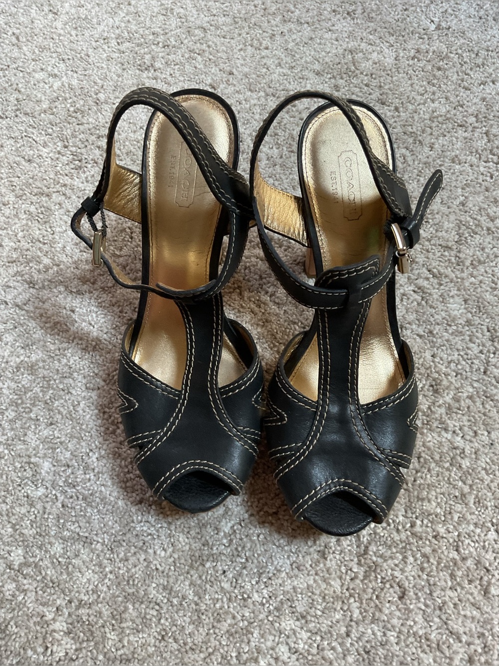 Coach Black Leather Peep-Toe T-Strap Slingback Heels